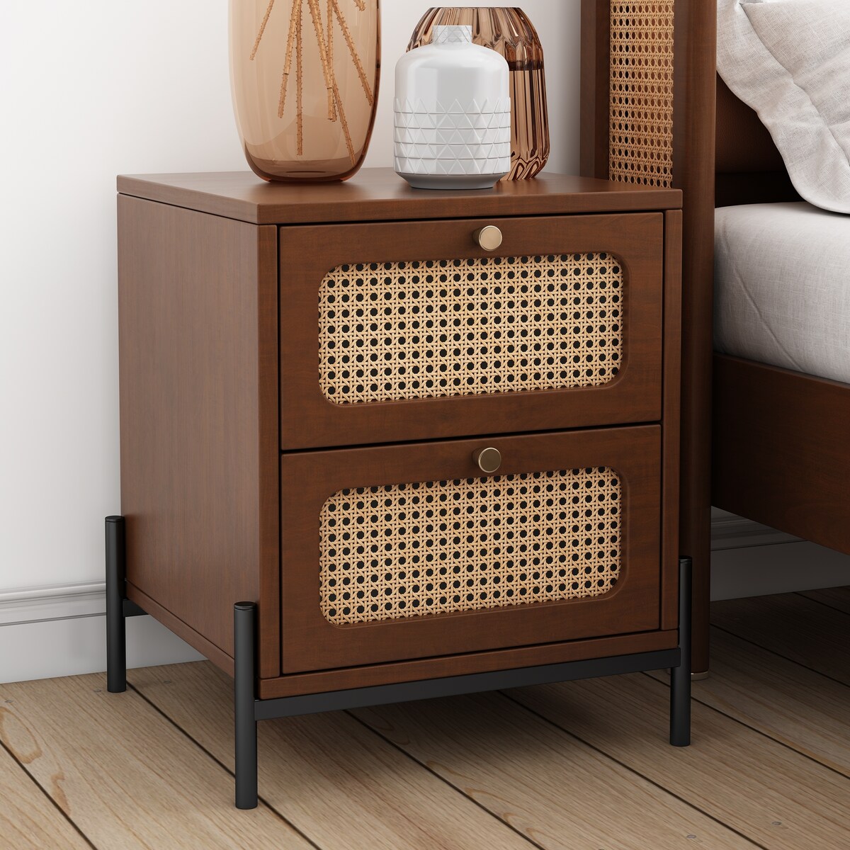 3 Pieces Modern Cannage Rattan Wood Platform Queen Bed