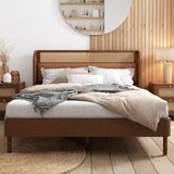 3 Pieces Modern Cannage Rattan Wood Platform Queen Bed