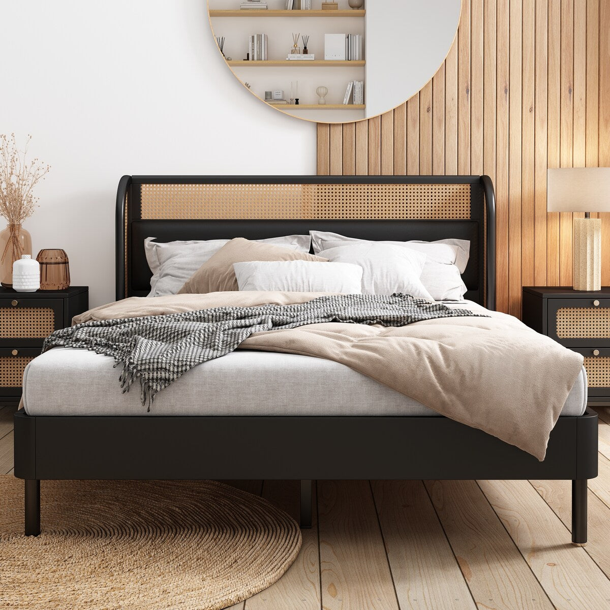 3 Pieces Modern Cannage Rattan Wood Platform Queen Bed