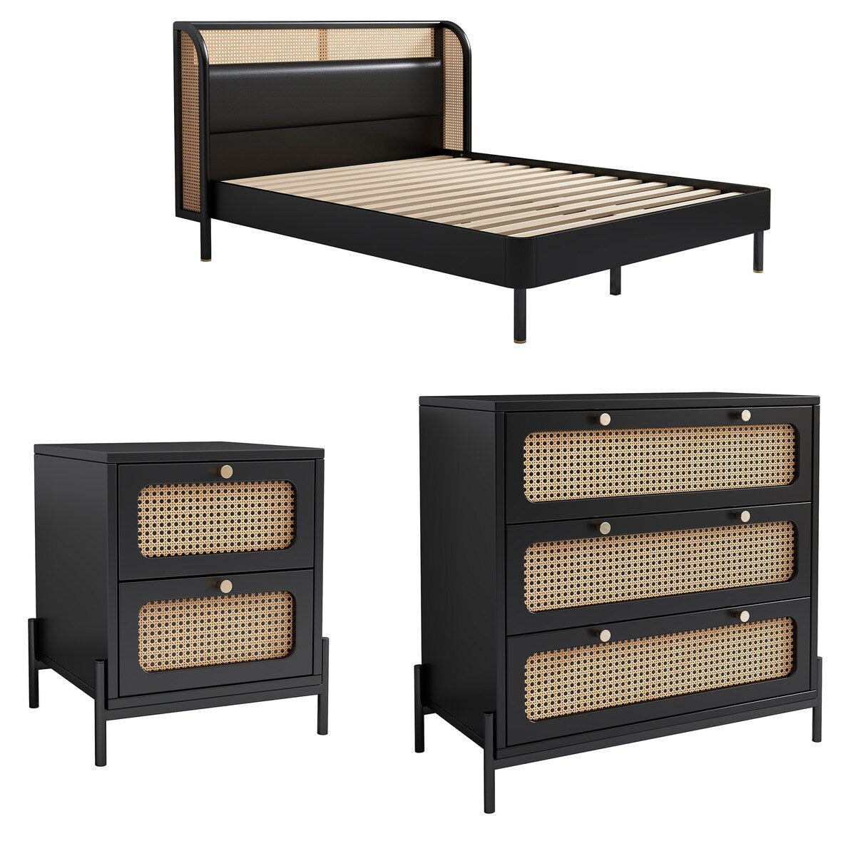 3 Pieces Modern Cannage Rattan Wood Platform Queen Bed