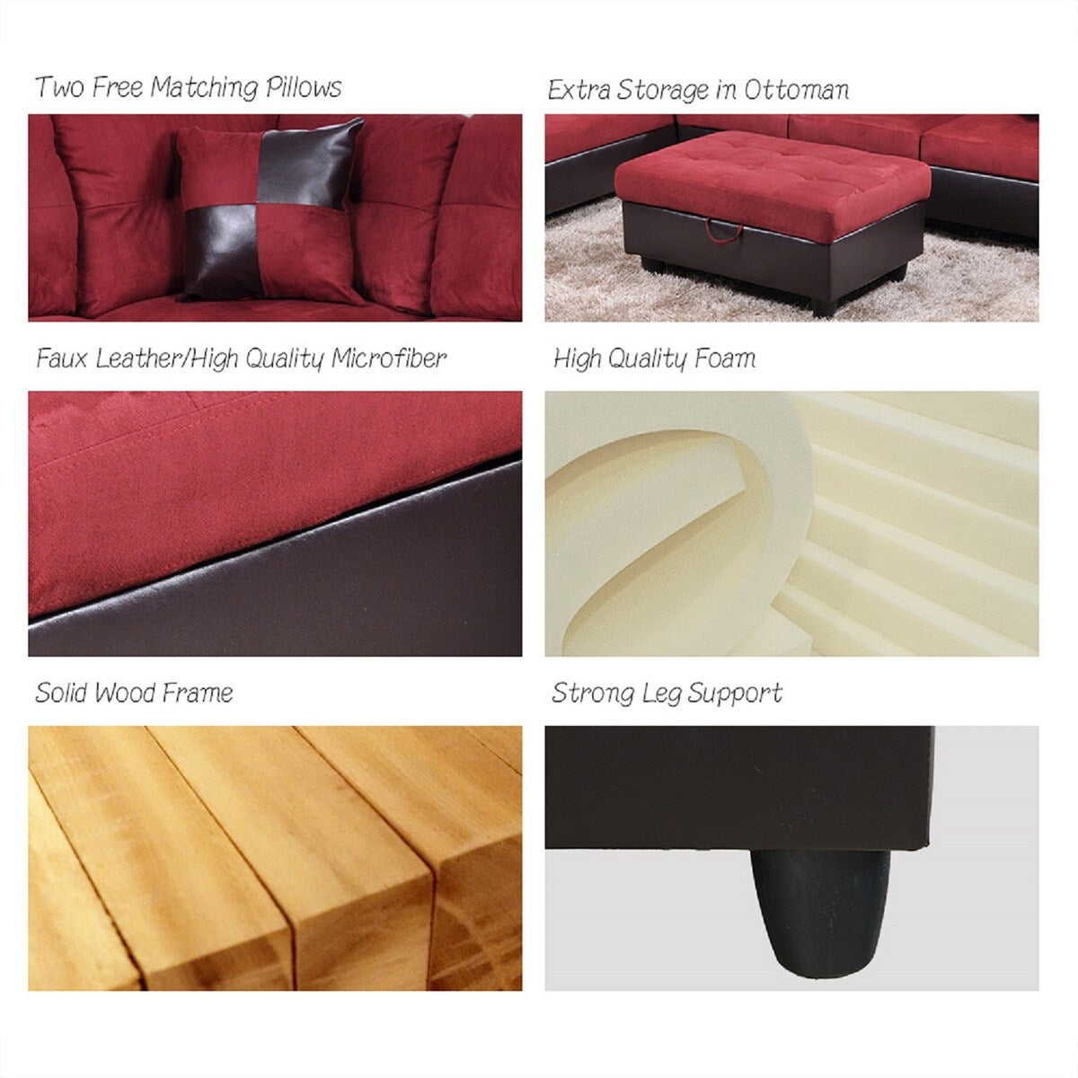 3-Pieces Sectional Sofa Set,Right Facing,Red Microfiber(104B)