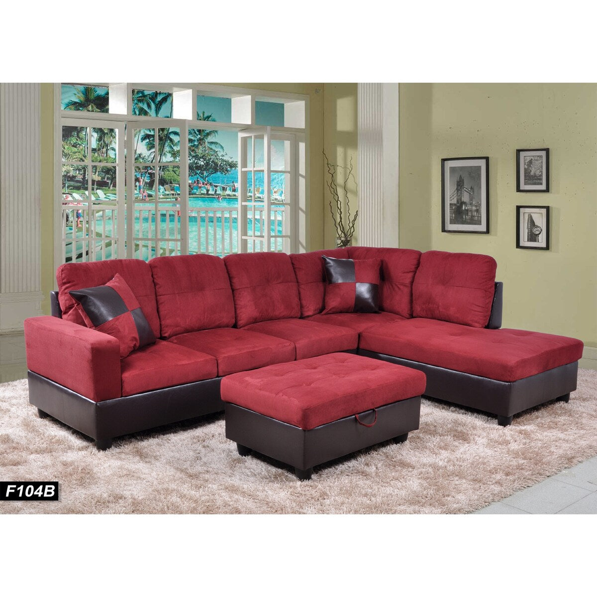 3-Pieces Sectional Sofa Set,Right Facing,Red Microfiber(104B)