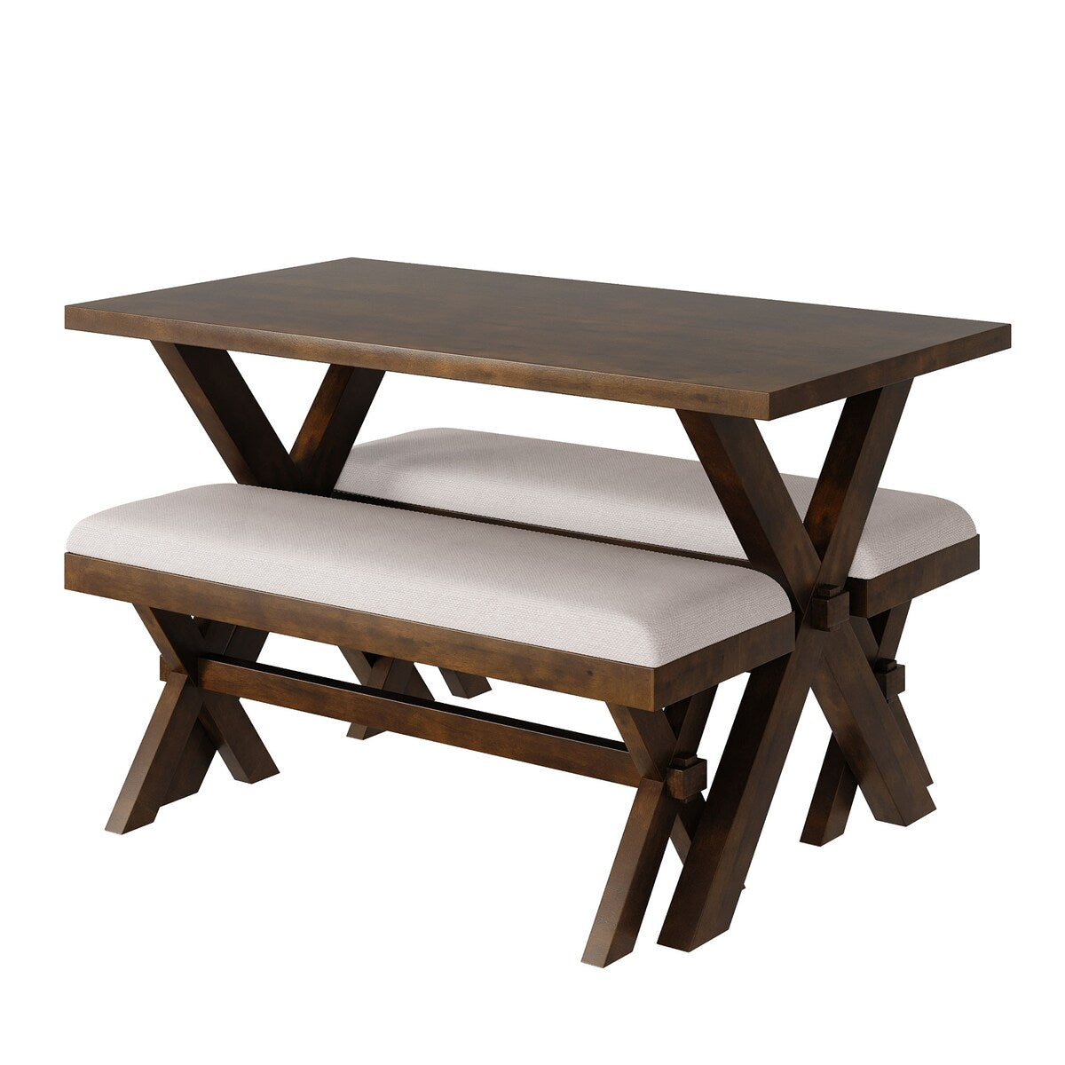 3 Pieces Wood Kitchen Dining Table Set with 2 Upholstered Benchest