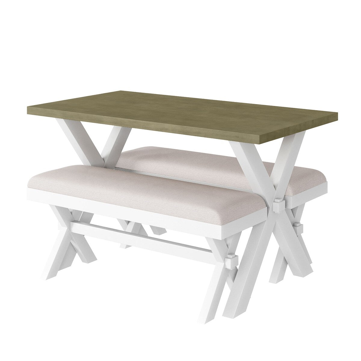 3 Pieces Wood Kitchen Dining Table Set with 2 Upholstered Benchest