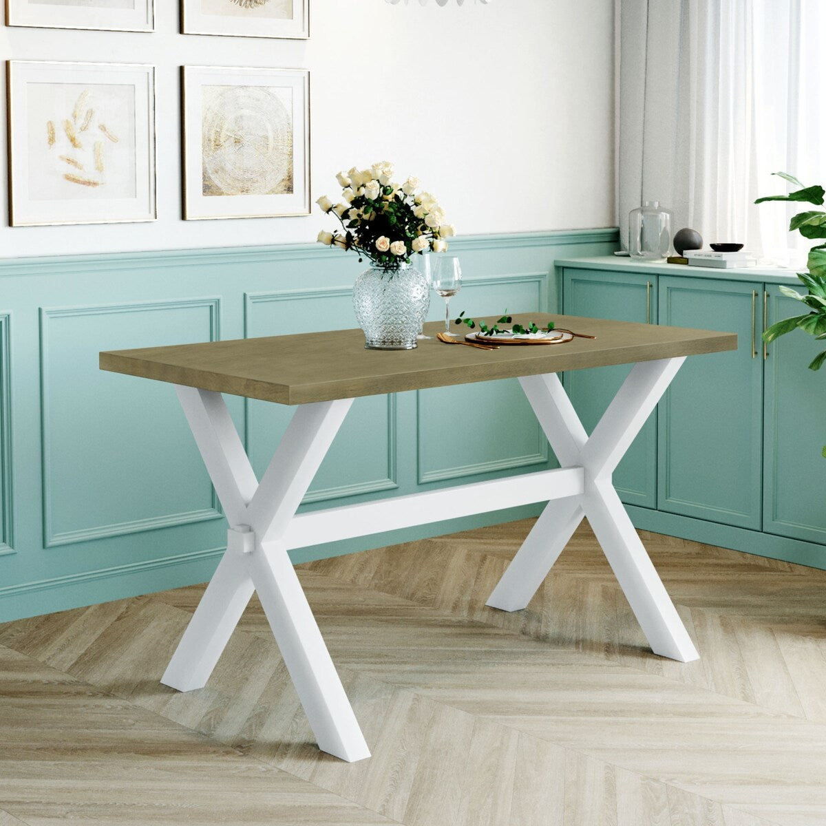 3 Pieces Wood Kitchen Dining Table Set with 2 Upholstered Benchest