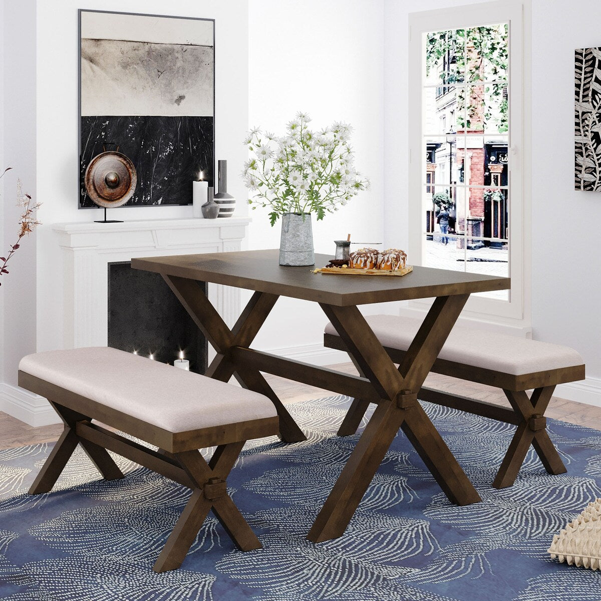 3 Pieces Wood Kitchen Dining Table Set with 2 Upholstered Benchest