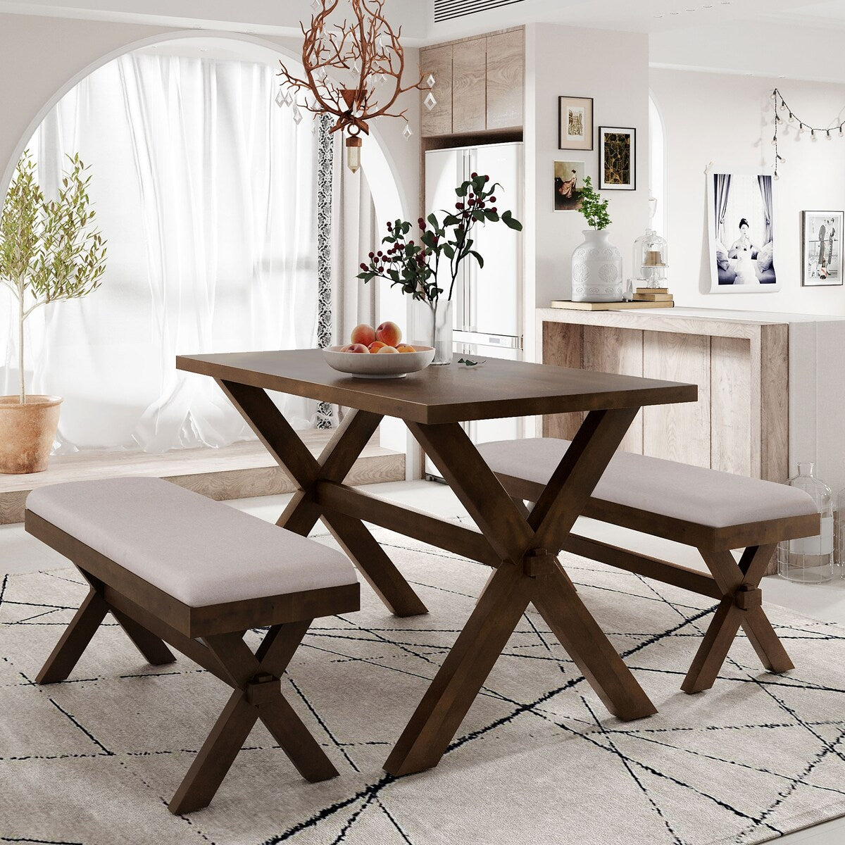 3 Pieces Wood Kitchen Dining Table Set with 2 Upholstered Benchest