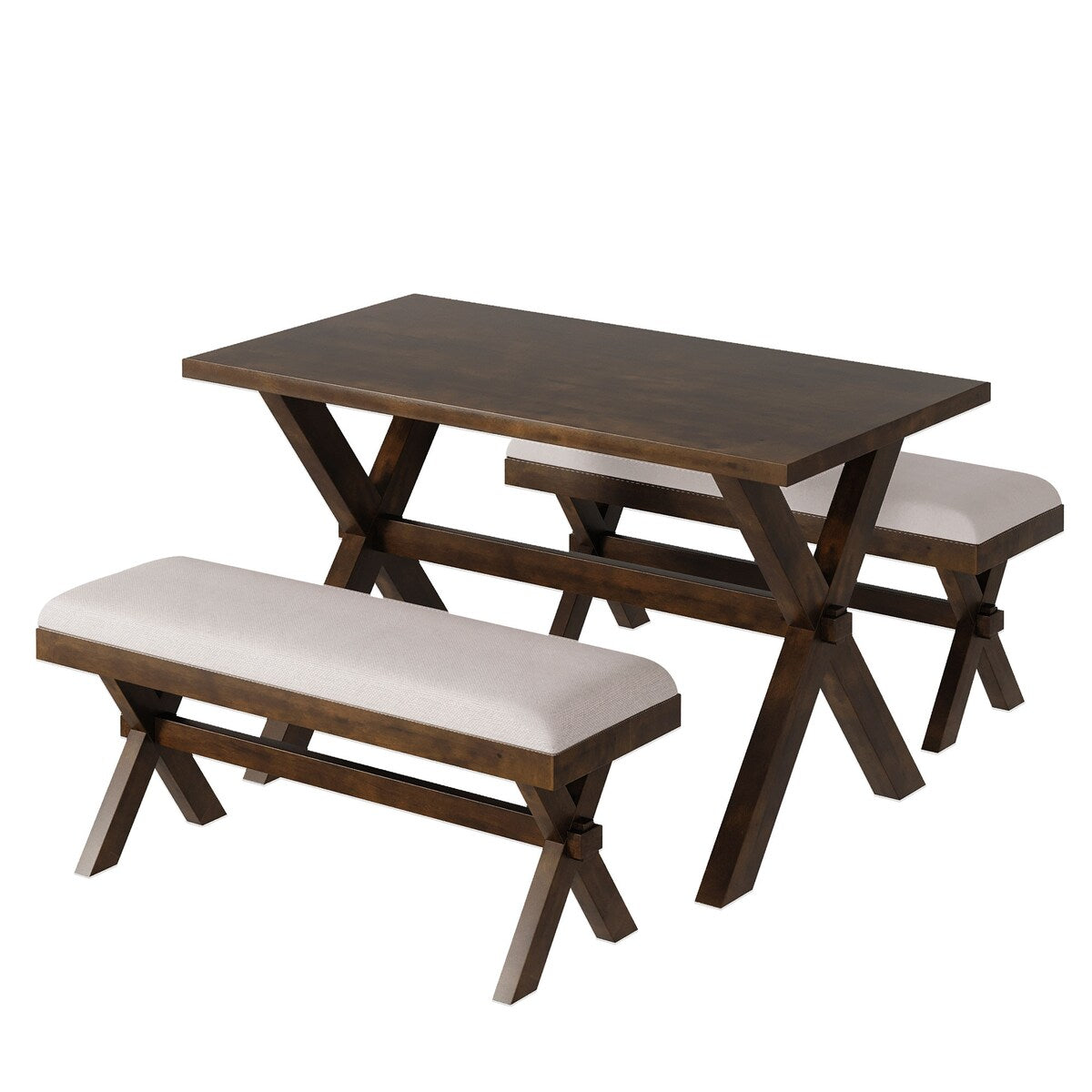 3 Pieces Wood Kitchen Dining Table Set with 2 Upholstered Benchest