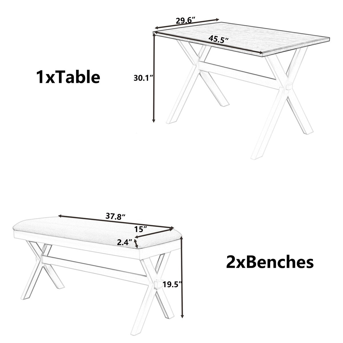 3 Pieces Wood Kitchen Dining Table Set with 2 Upholstered Benchest