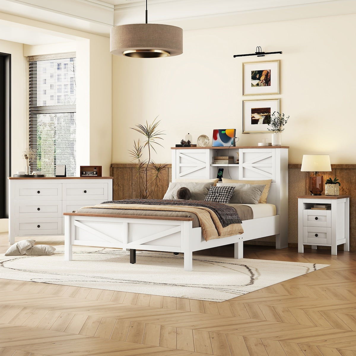 3 Pieces Wooden Bedroom Set /Full Bed and Nightstand and Dresser