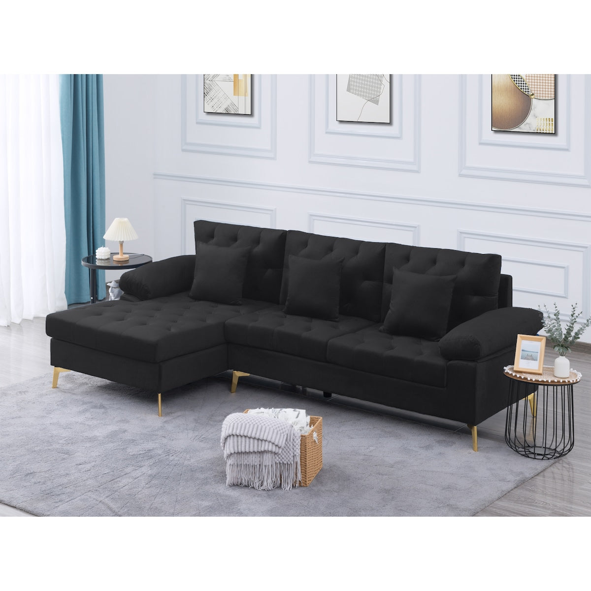 3 Seat L-shaped Sectional Sofa Velvet Upholstered Sofa & Left Hand Facing Chaise