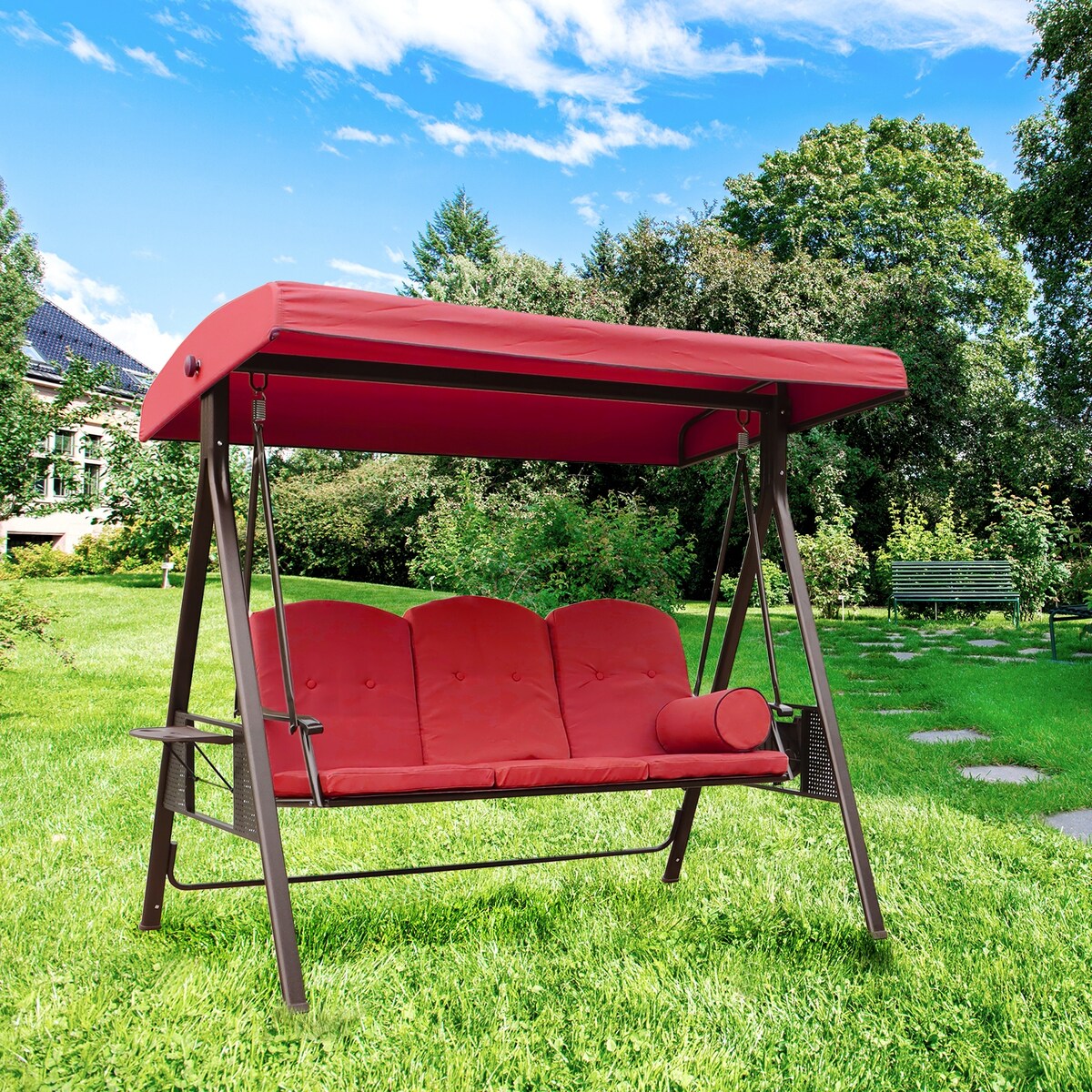 3-Seat Outdoor Patio Porch Swing Chair, Adjustable Canopy Swing