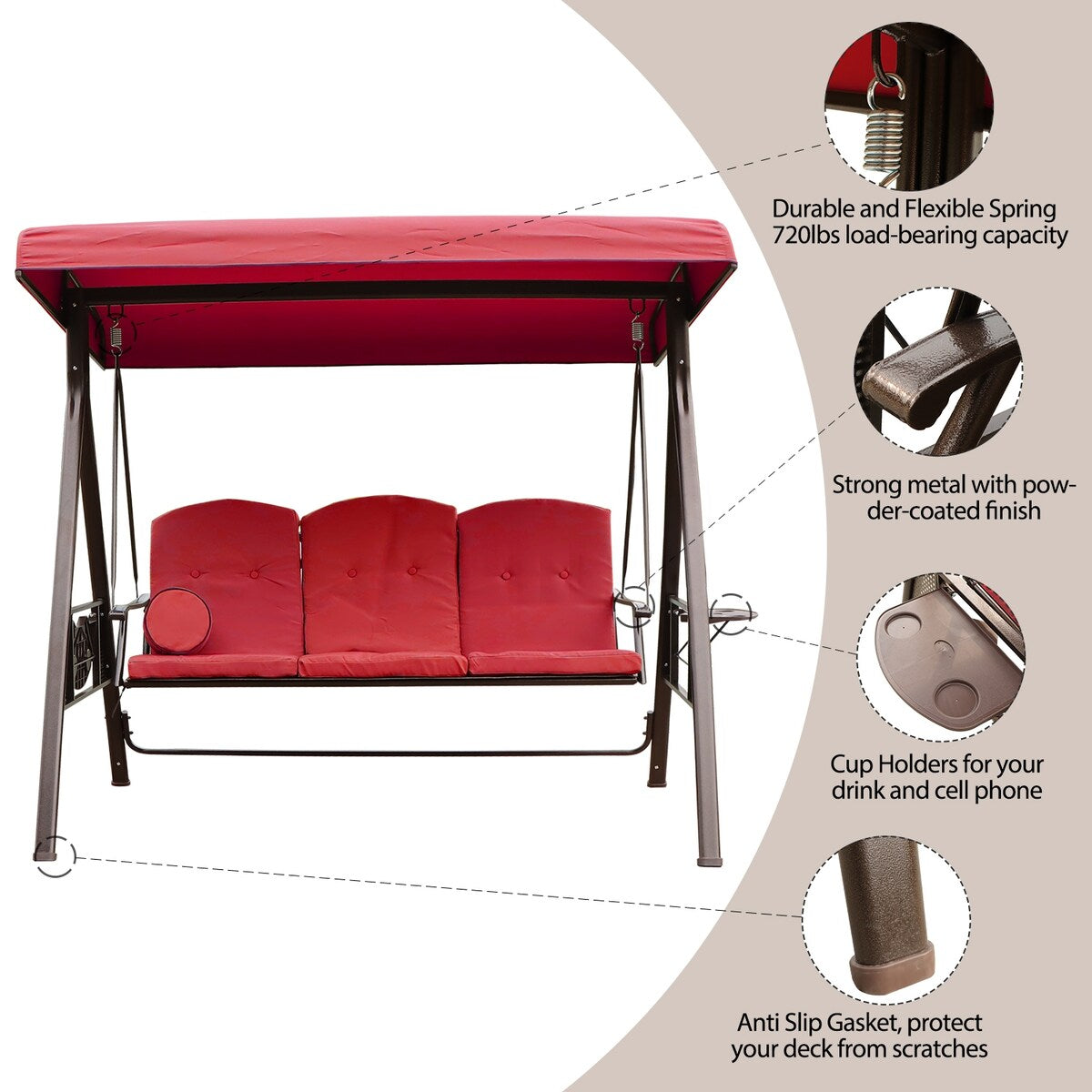 3-Seat Outdoor Patio Porch Swing Chair, Adjustable Canopy Swing