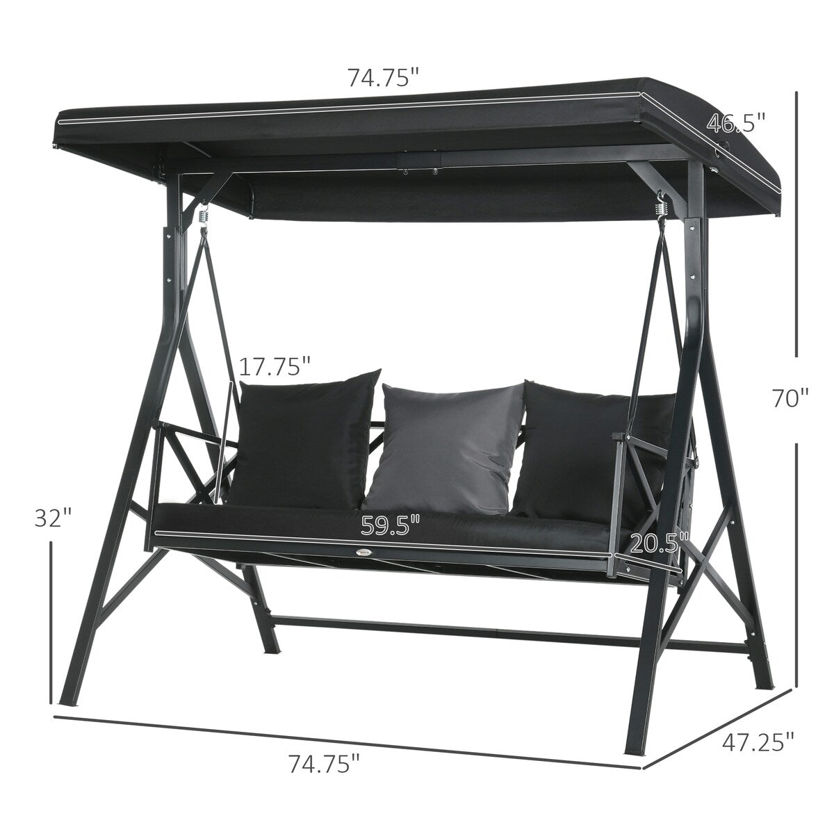 3-Seat Patio Swing Chair Glider with Cushion,3 Throw Pillows and Adjustable Canopy for Porch,Garden,Poolside,Backyard