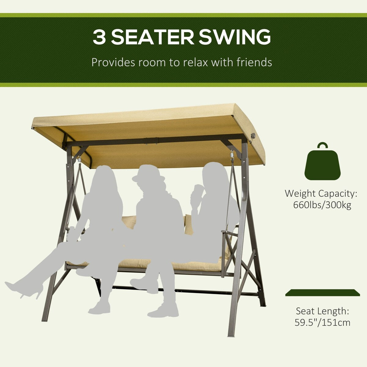 3-Seat Patio Swing Chair Glider with Cushion,3 Throw Pillows and Adjustable Canopy for Porch,Garden,Poolside,Backyard