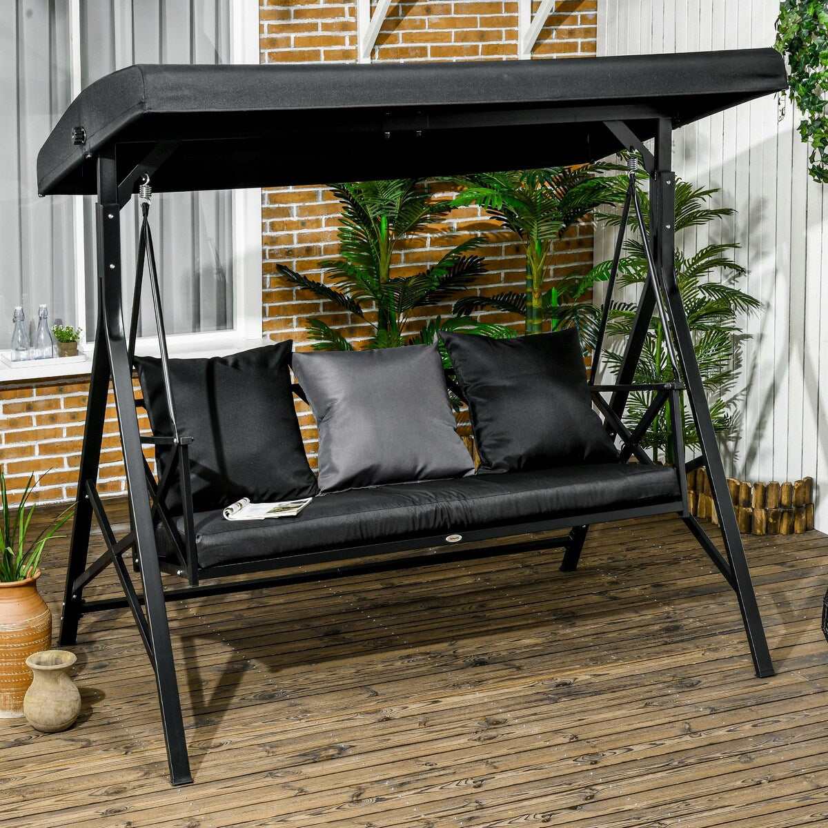 3-Seat Patio Swing Chair Glider with Cushion,3 Throw Pillows and Adjustable Canopy for Porch,Garden,Poolside,Backyard