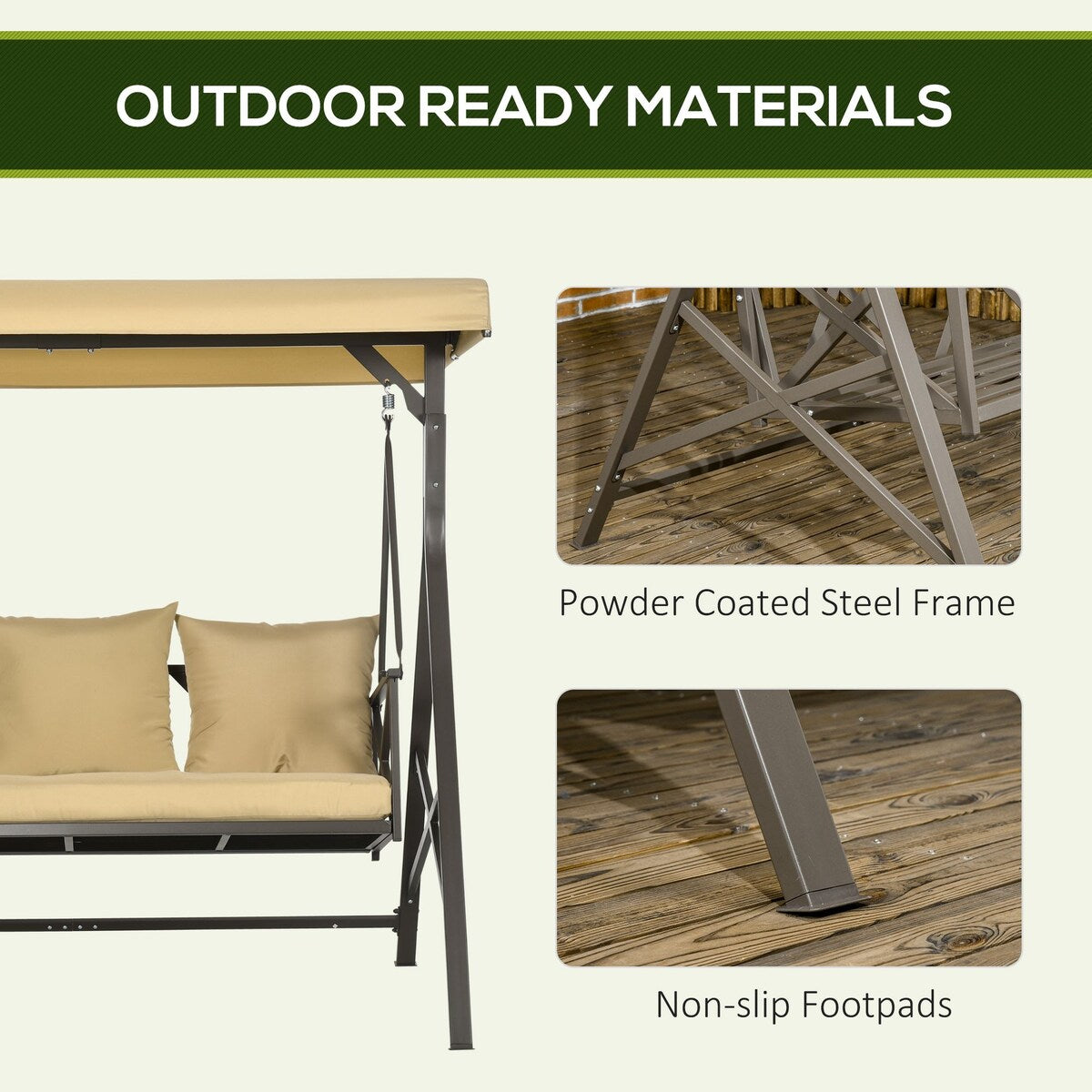 3-Seat Patio Swing Chair Glider with Cushion,3 Throw Pillows and Adjustable Canopy for Porch,Garden,Poolside,Backyard