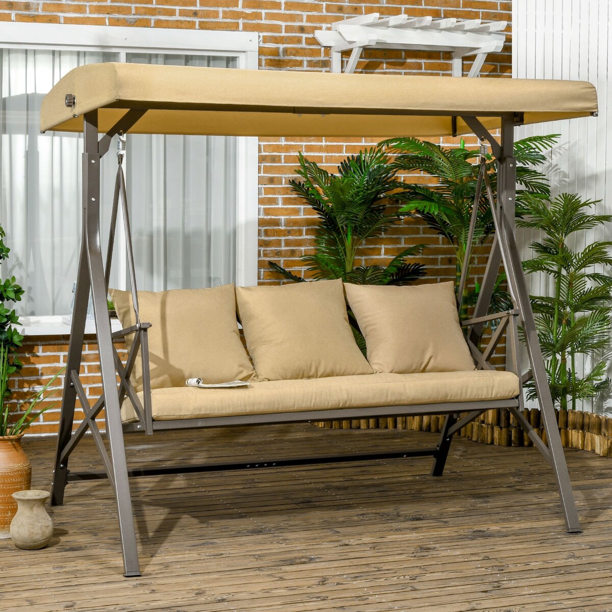 3-Seat Patio Swing Chair Glider with Cushion,3 Throw Pillows and Adjustable Canopy for Porch,Garden,Poolside,Backyard