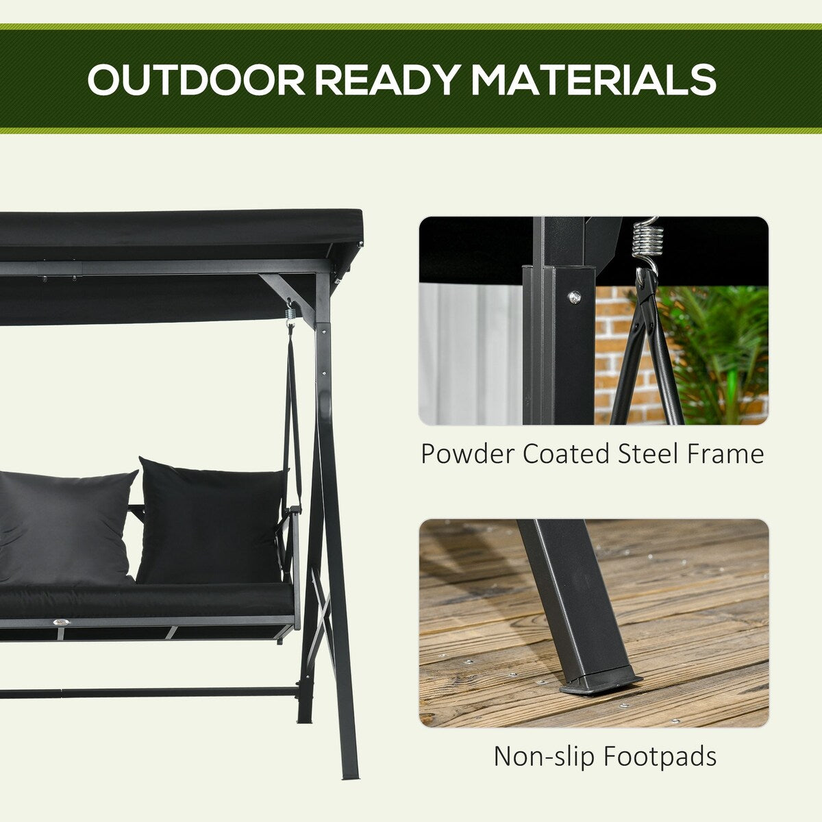 3-Seat Patio Swing Chair Glider with Cushion,3 Throw Pillows and Adjustable Canopy for Porch,Garden,Poolside,Backyard