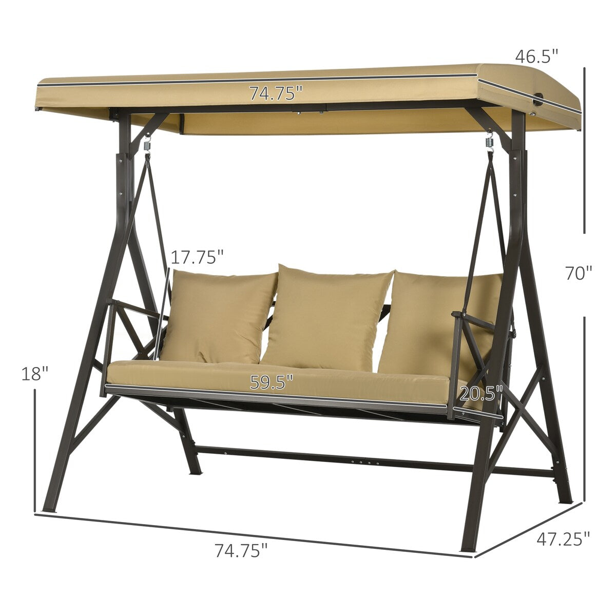 3-Seat Patio Swing Chair Glider with Cushion,3 Throw Pillows and Adjustable Canopy for Porch,Garden,Poolside,Backyard