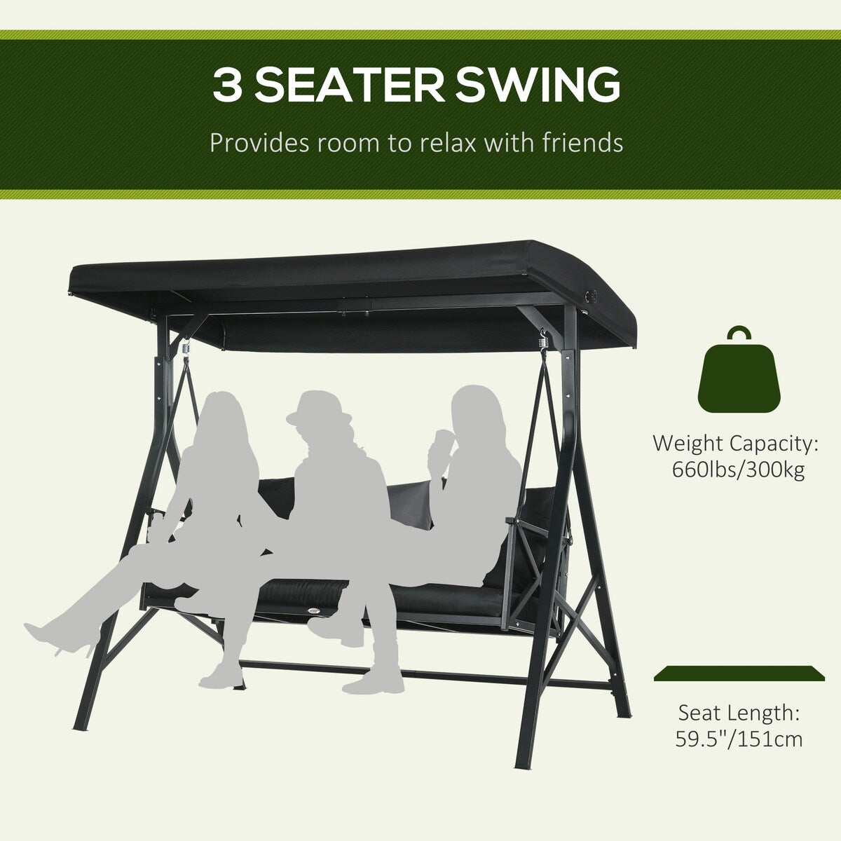 3-Seat Patio Swing Chair Glider with Cushion,3 Throw Pillows and Adjustable Canopy for Porch,Garden,Poolside,Backyard