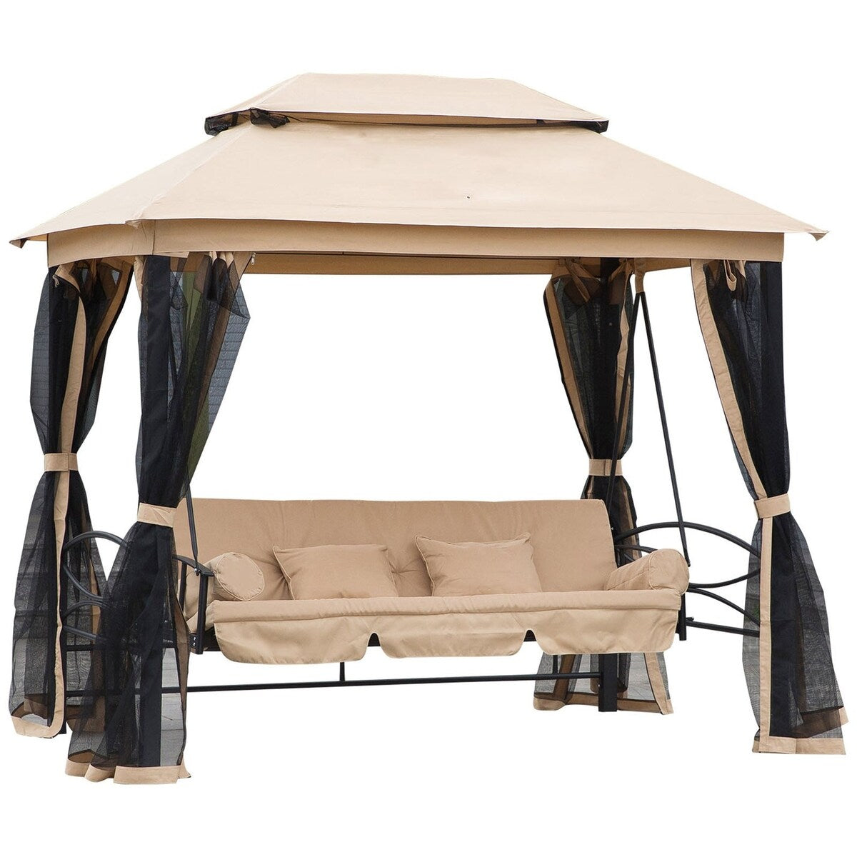 3-Seat Steel Patio Swing Chair with Double Tier Canopy, Mesh Sidewalls and Pillows - 100.75" x 67.75"