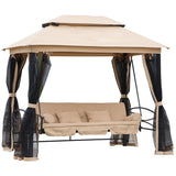 3-Seat Steel Patio Swing Chair with Double Tier Canopy, Mesh Sidewalls and Pillows - 100.75" x 67.75"
