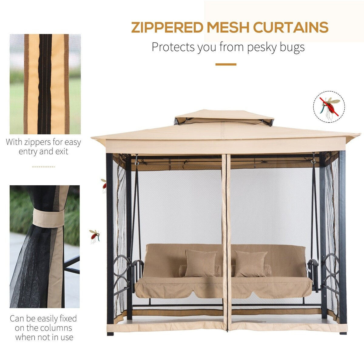 3-Seat Steel Patio Swing Chair with Double Tier Canopy, Mesh Sidewalls and Pillows - 100.75" x 67.75"