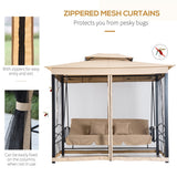 3-Seat Steel Patio Swing Chair with Double Tier Canopy, Mesh Sidewalls and Pillows - 100.75" x 67.75"