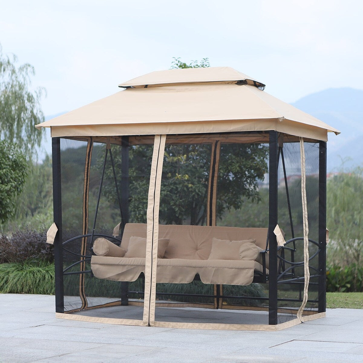 3-Seat Steel Patio Swing Chair with Double Tier Canopy, Mesh Sidewalls and Pillows - 100.75" x 67.75"