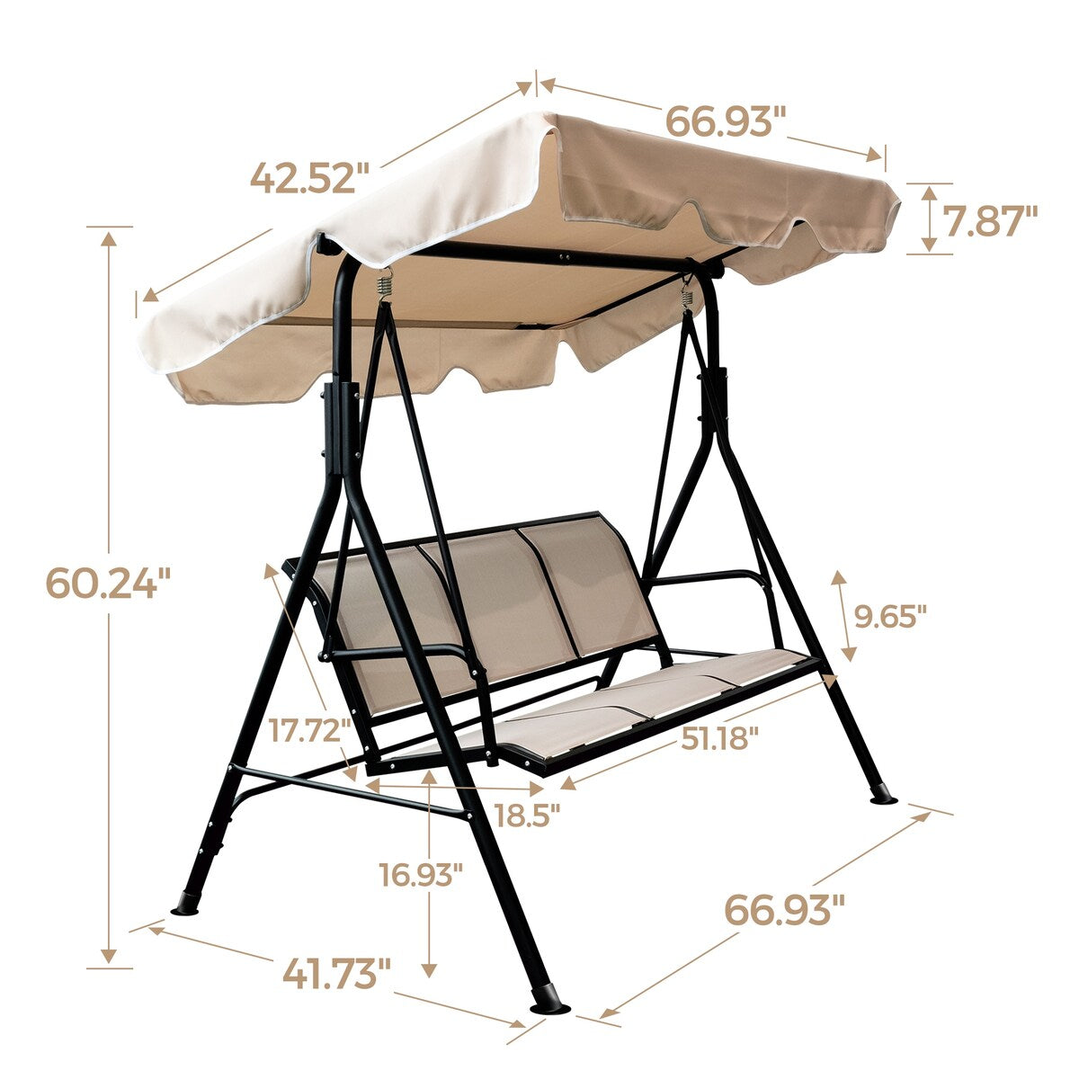 3-Seater Outdoor Adjustable Canopy Porch Swing Chair for Patio, Garden Balcony w/Armrests Textilene Fabric Steel Frame