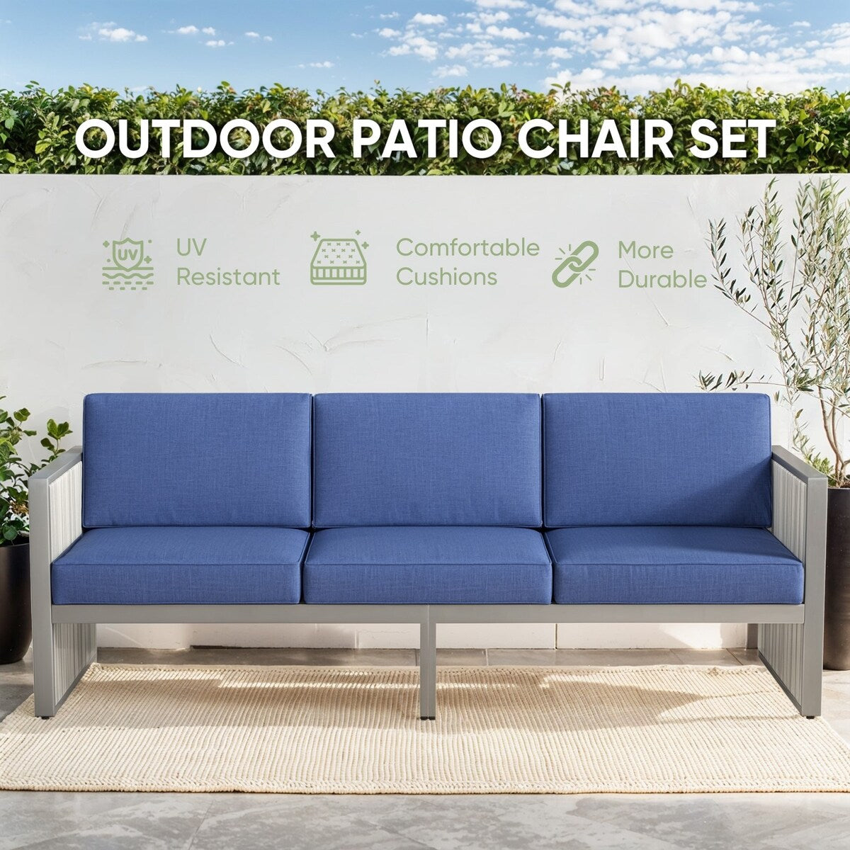 3 Seater Rattan Sofa for Outside Garden - Blue
