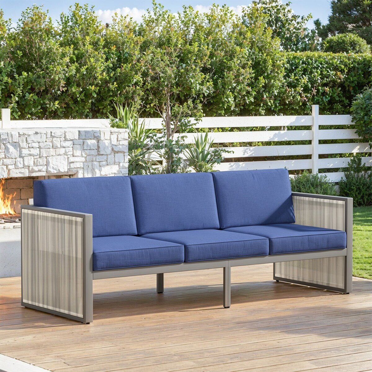 3 Seater Rattan Sofa for Outside Garden - Blue