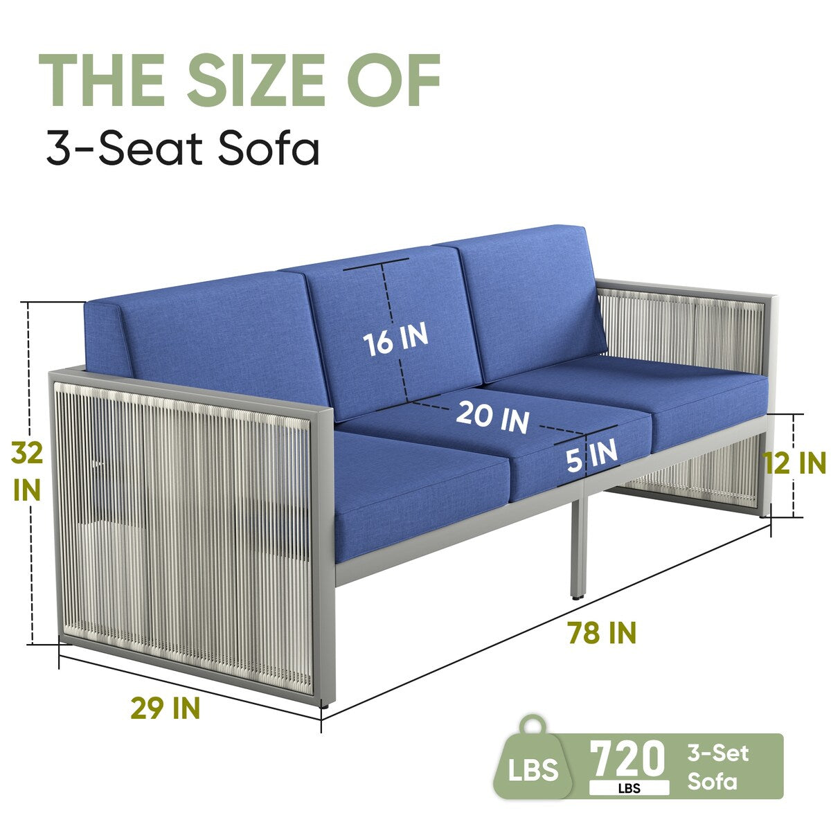 3 Seater Rattan Sofa for Outside Garden - Blue