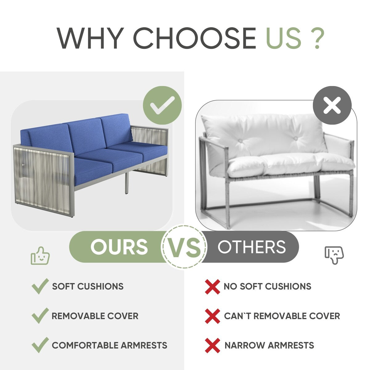 3 Seater Rattan Sofa for Outside Garden - Blue
