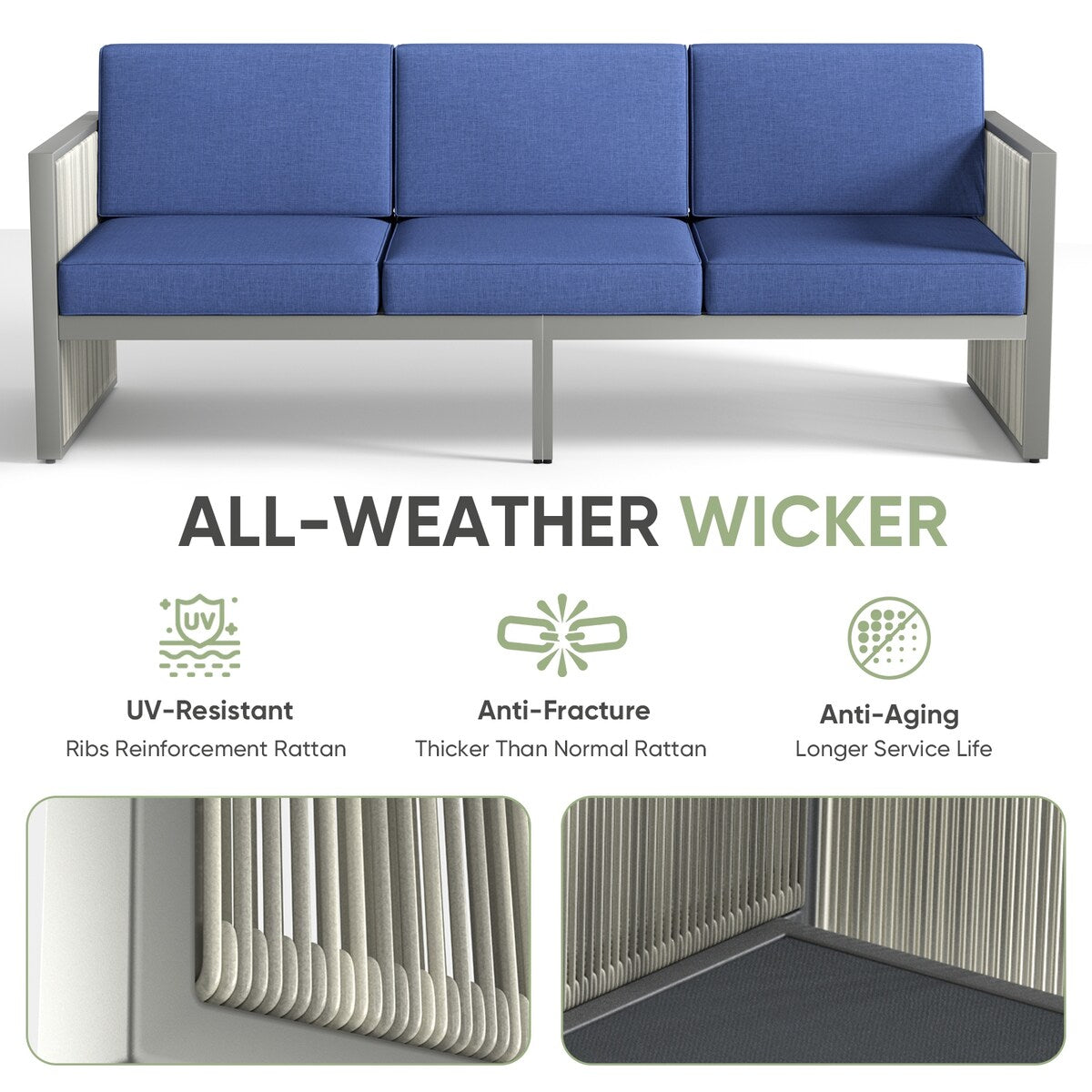 3 Seater Rattan Sofa for Outside Garden - Blue