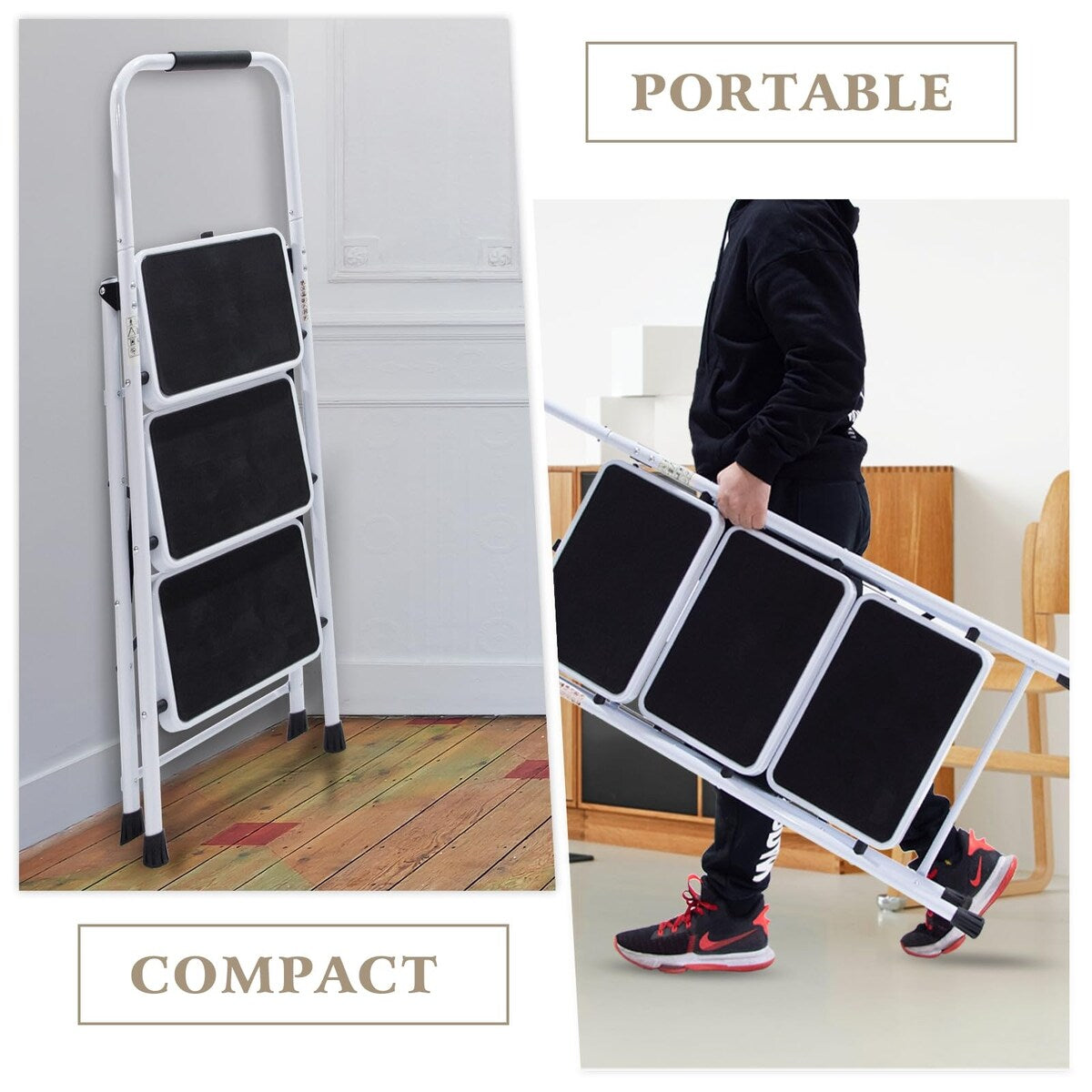 3 Step Ladder Folding Step Stool for Adults with Top Handrail 330 Lbs Capacity, Lightweight & Portable Step 3 Stool Ladders