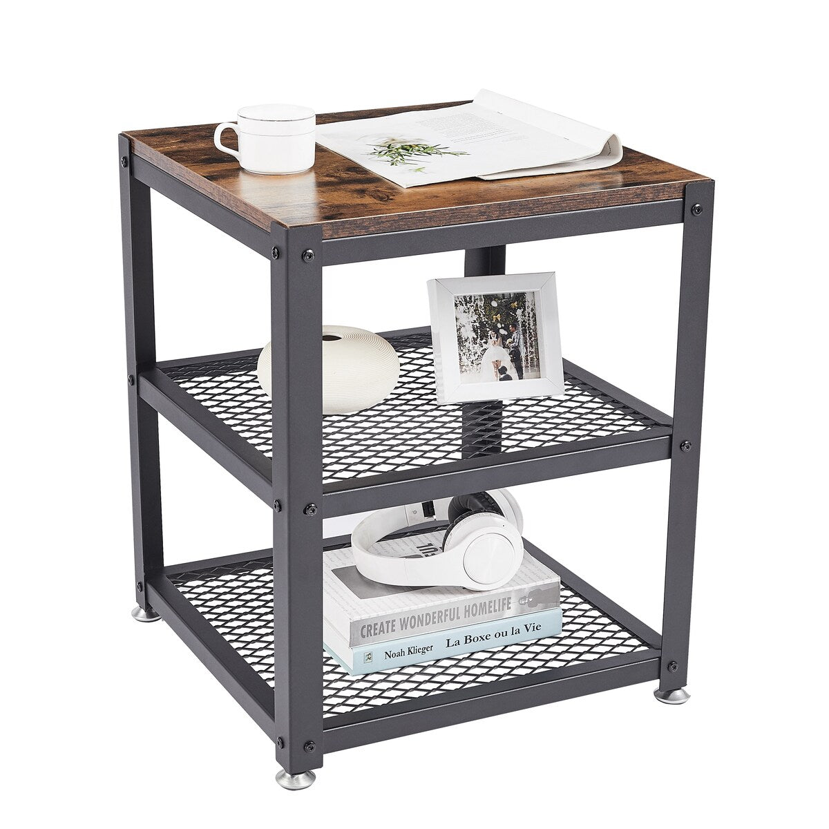 Nestfair 3 Tier Heavy-Duty Steel Frame End Table Side Table with Wheels