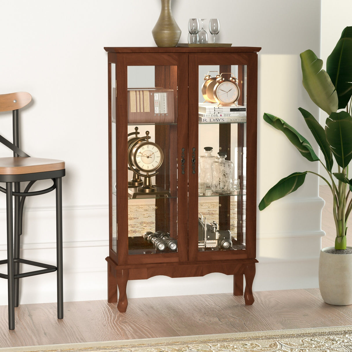 3-Tier Lighted Curio Display Cabinet with Adjustable Shelves and Tempered Glass Doors,Bulb not included