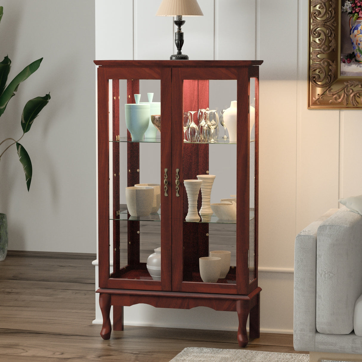 3-Tier Lighted Curio Display Cabinet with Adjustable Shelves and Tempered Glass Doors,Bulb not included