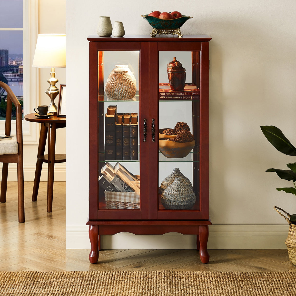 3-Tier Lighted Curio Display Cabinet with Adjustable Shelves and Tempered Glass Doors,Bulb not included