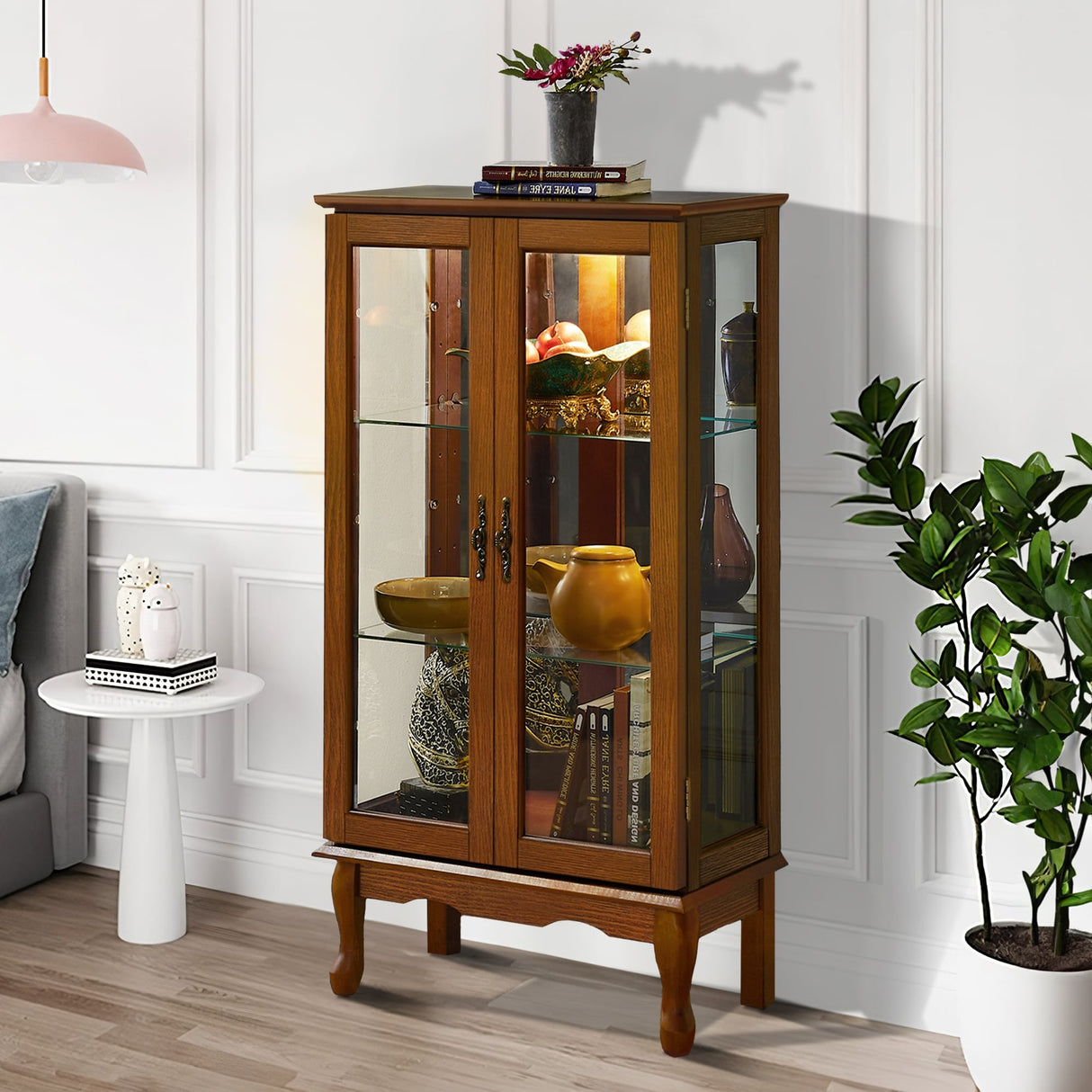 3-Tier Lighted Curio Display Cabinet with Adjustable Shelves and Tempered Glass Doors,Bulb not included