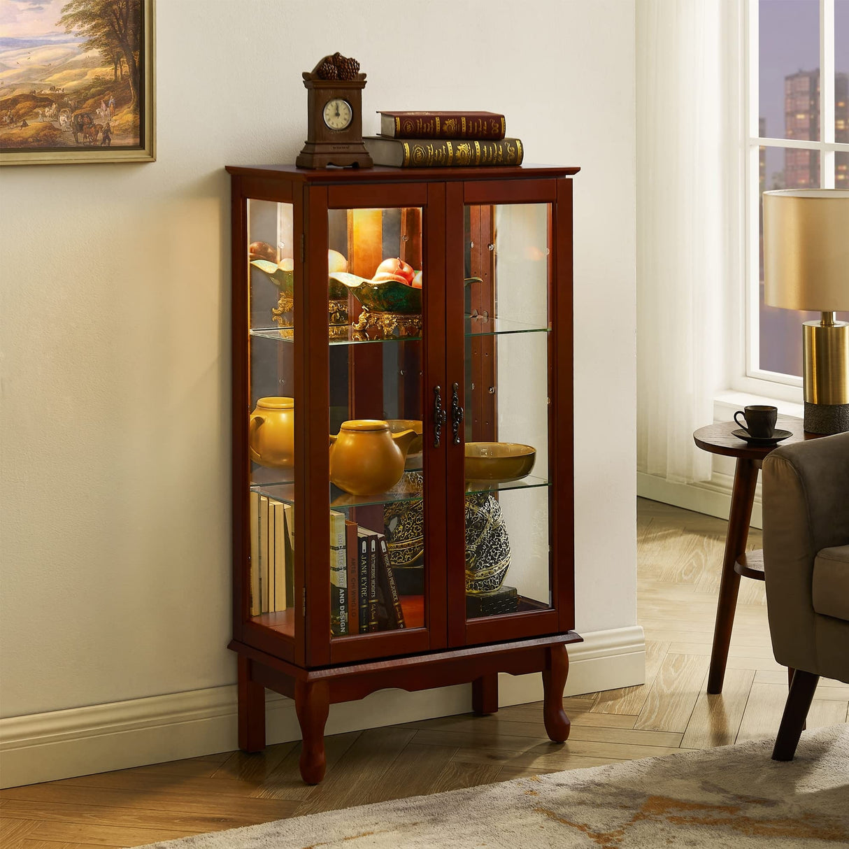3-Tier Lighted Curio Display Cabinet with Adjustable Shelves and Tempered Glass Doors,Bulb not included