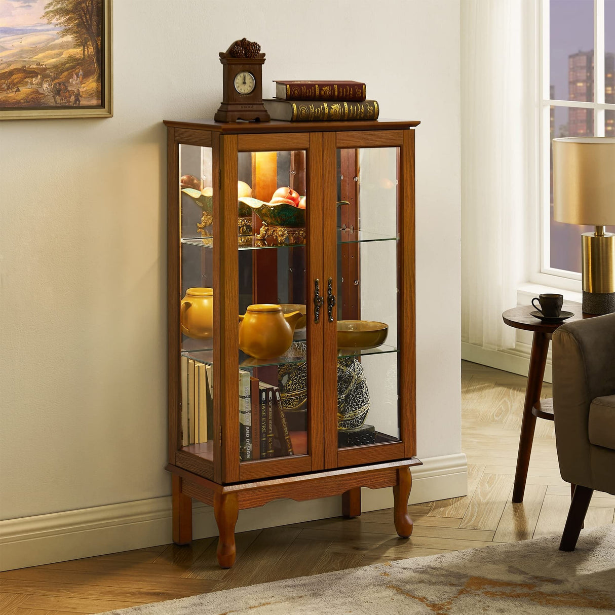 3-Tier Lighted Curio Display Cabinet with Adjustable Shelves and Tempered Glass Doors,Bulb not included
