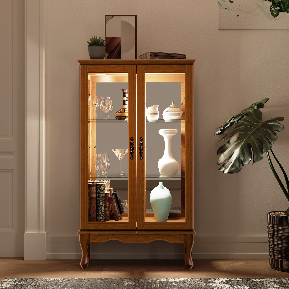 3-Tier Lighted Curio Display Cabinet with Adjustable Shelves and Tempered Glass Doors,Bulb not included