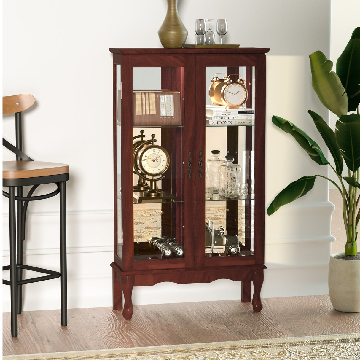 3-Tier Lighted Curio Display Cabinet with Adjustable Shelves and Tempered Glass Doors,Bulb not included