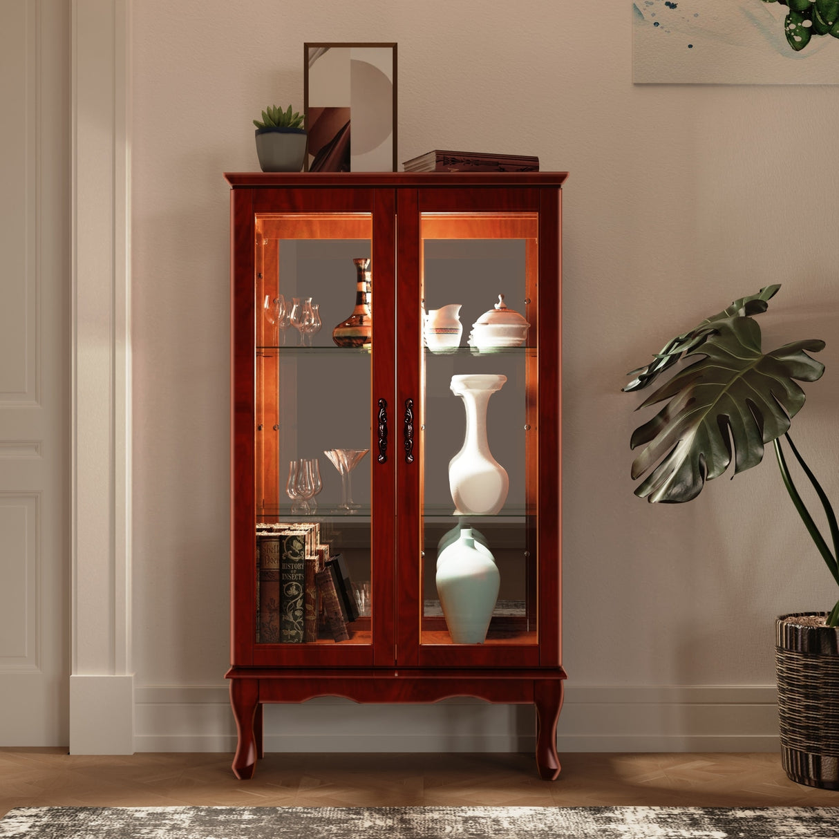 3-Tier Lighted Curio Display Cabinet with Adjustable Shelves and Tempered Glass Doors,Bulb not included