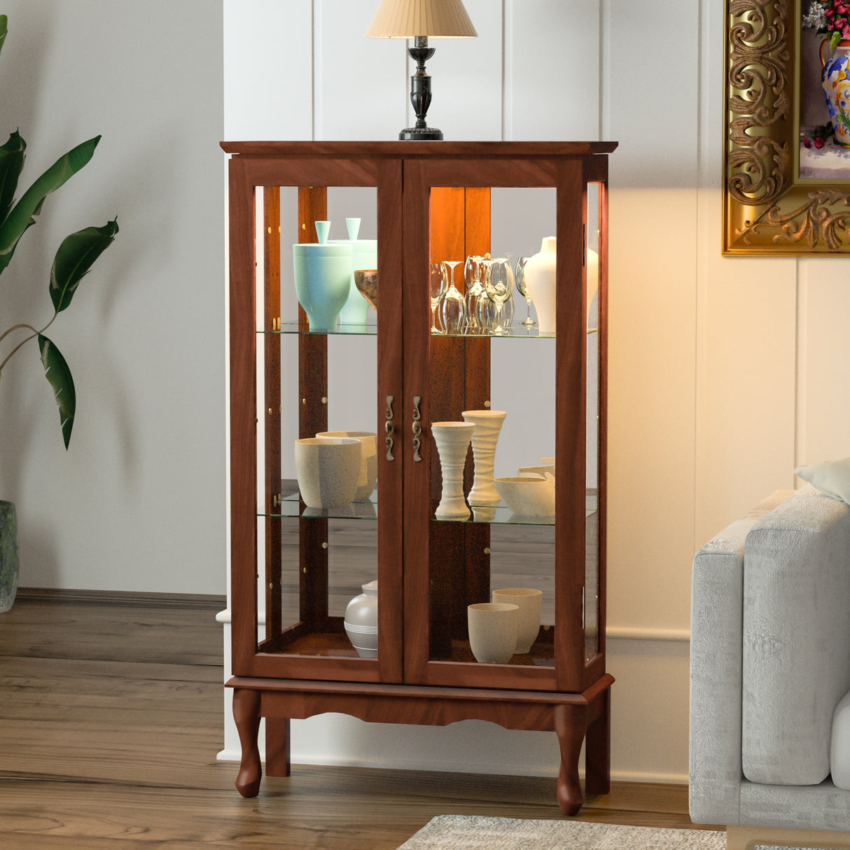 3-Tier Lighted Curio Display Cabinet with Adjustable Shelves and Tempered Glass Doors,Bulb not included