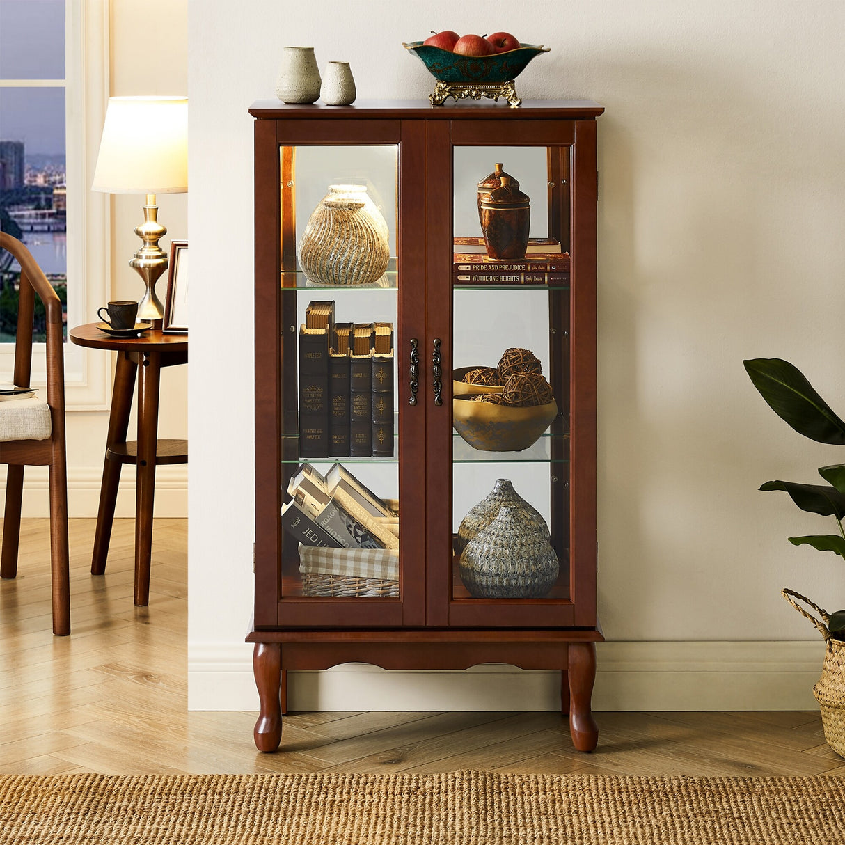 3-Tier Lighted Curio Display Cabinet with Adjustable Shelves and Tempered Glass Doors,Bulb not included