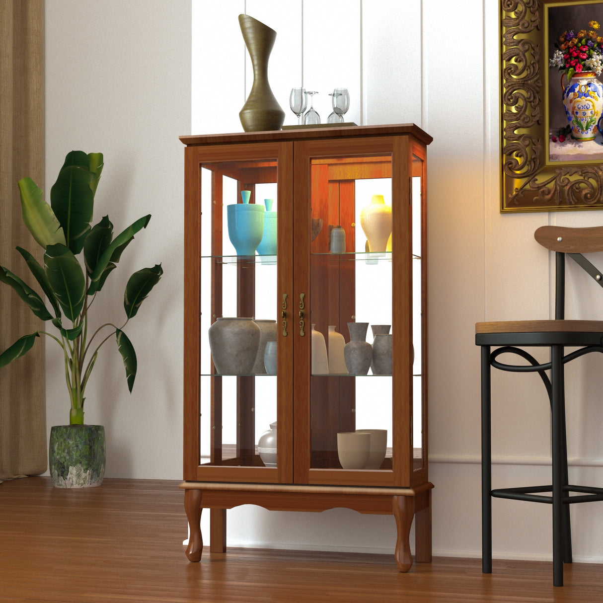 3-Tier Lighted Curio Display Cabinet with Adjustable Shelves and Tempered Glass Doors,Bulb not included